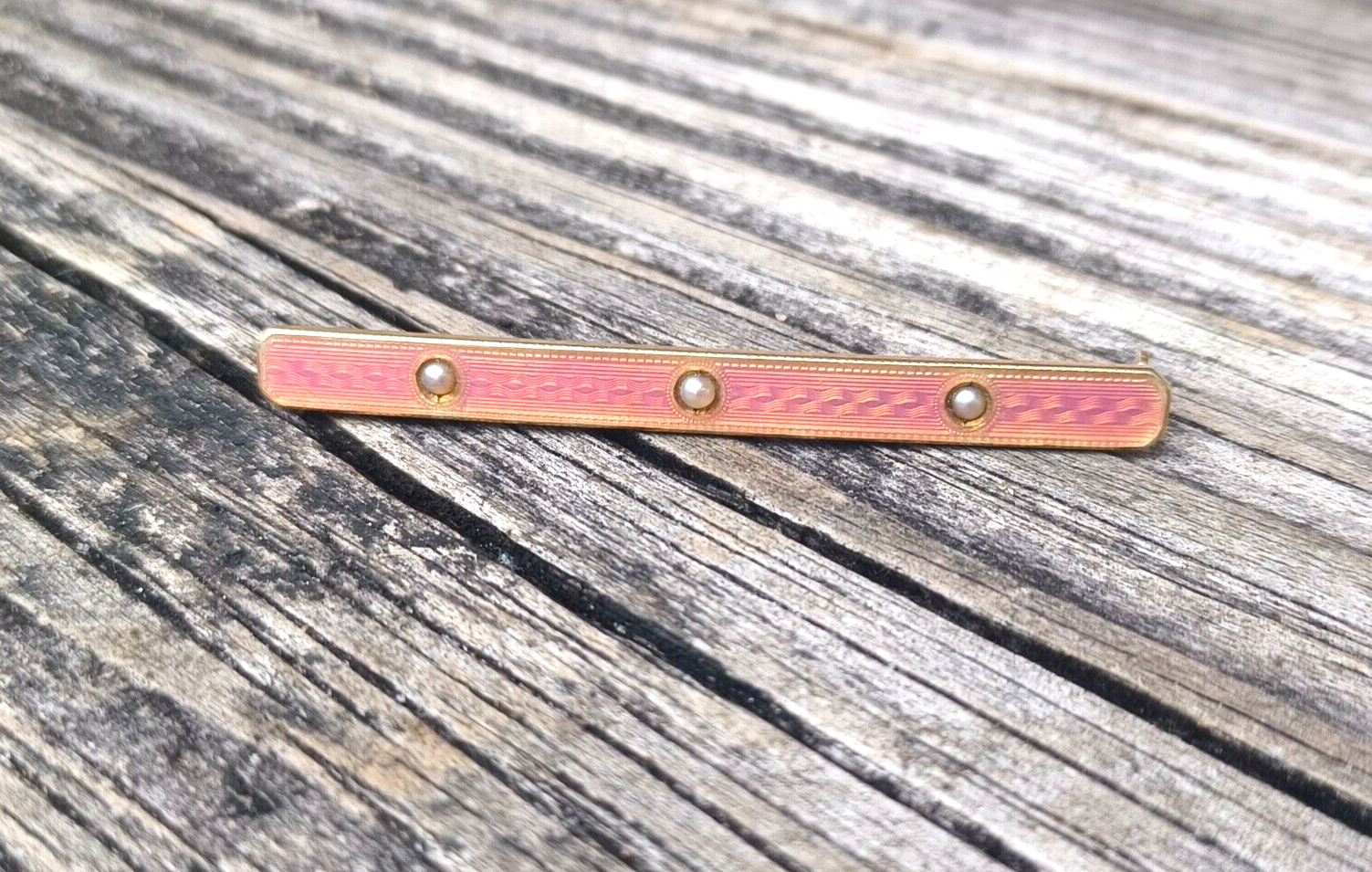 Antique Pink Enamel Guilloche Victorian Seed Pearl 14K Yellow Gold Bar Pin image 0