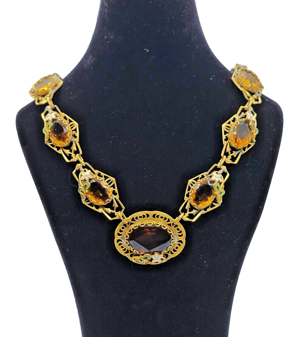 Antique Art Nouveau Enamel Czech Citrine Glass Filigree Gold Filled Necklace image 0