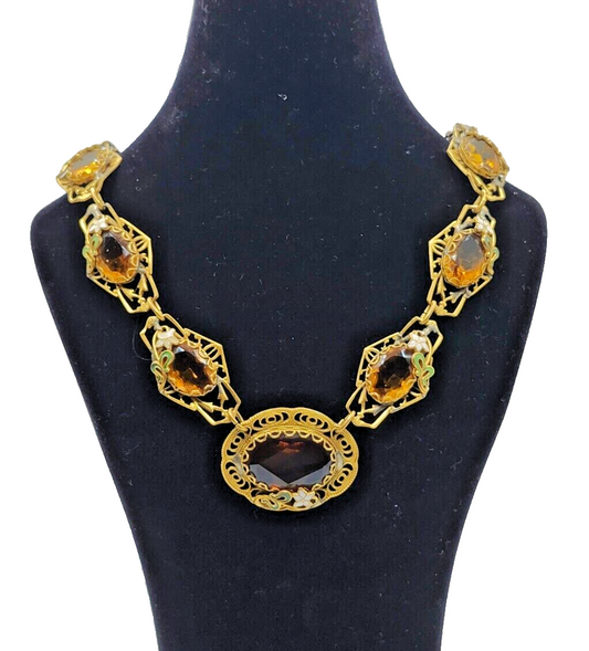 Antique Art Nouveau Enamel Czech Citrine Glass Filigree Gold Filled Necklace image 0