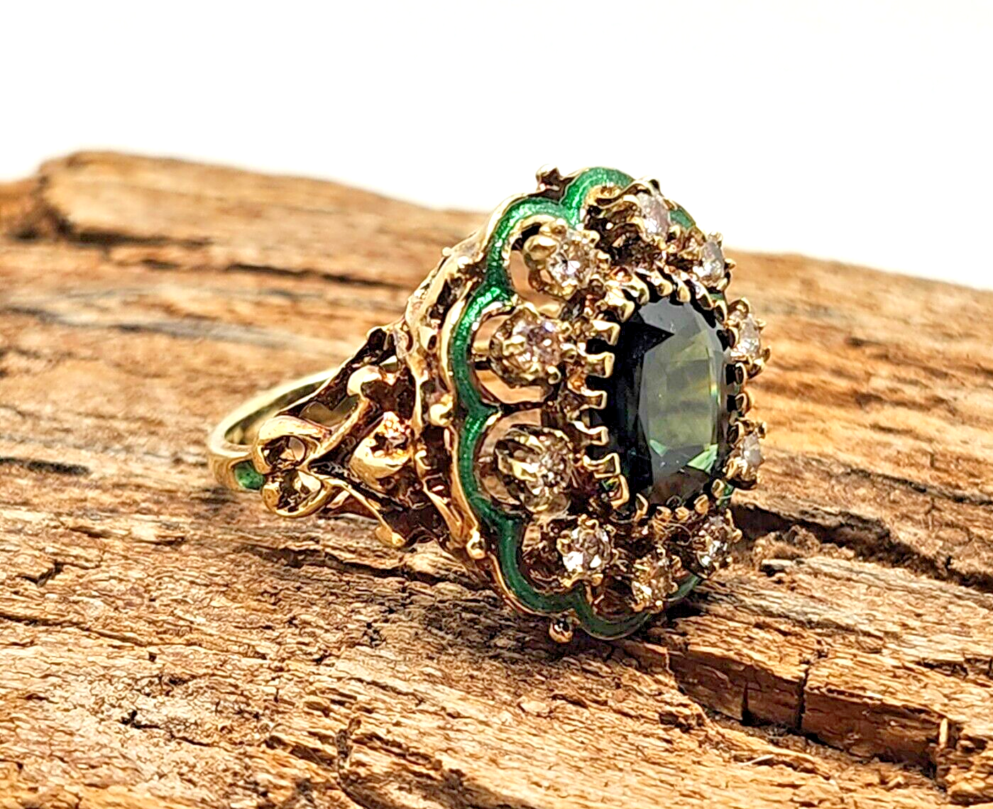 Green Zircon, Diamond Halo & Enamel Scroll Fleur-de-Lis 14k Gold Cocktail Ring image 7