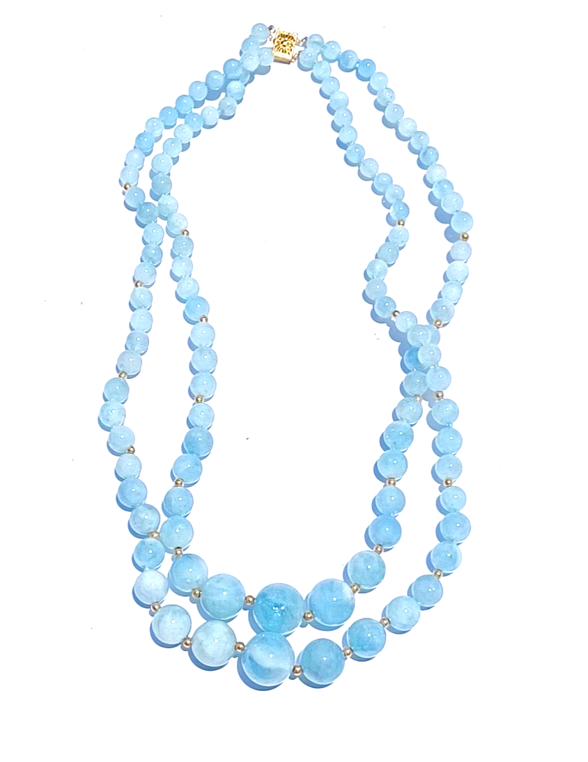 Antique Graduating Double Strand Aquamarine Crystal & 14K Gold Bead Necklace image 0