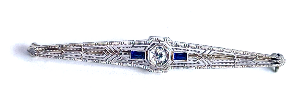 Antique Art Deco Diamond Sapphire & Platinum Bar Pin image 2