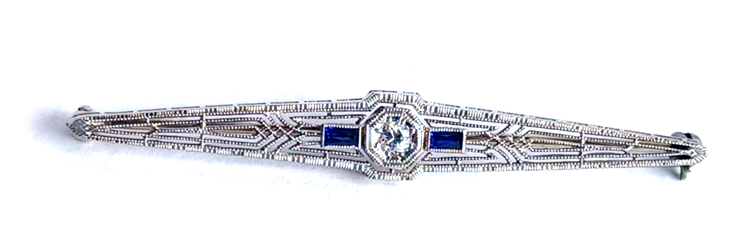 Antique Art Deco Diamond Sapphire & Platinum Bar Pin image 2