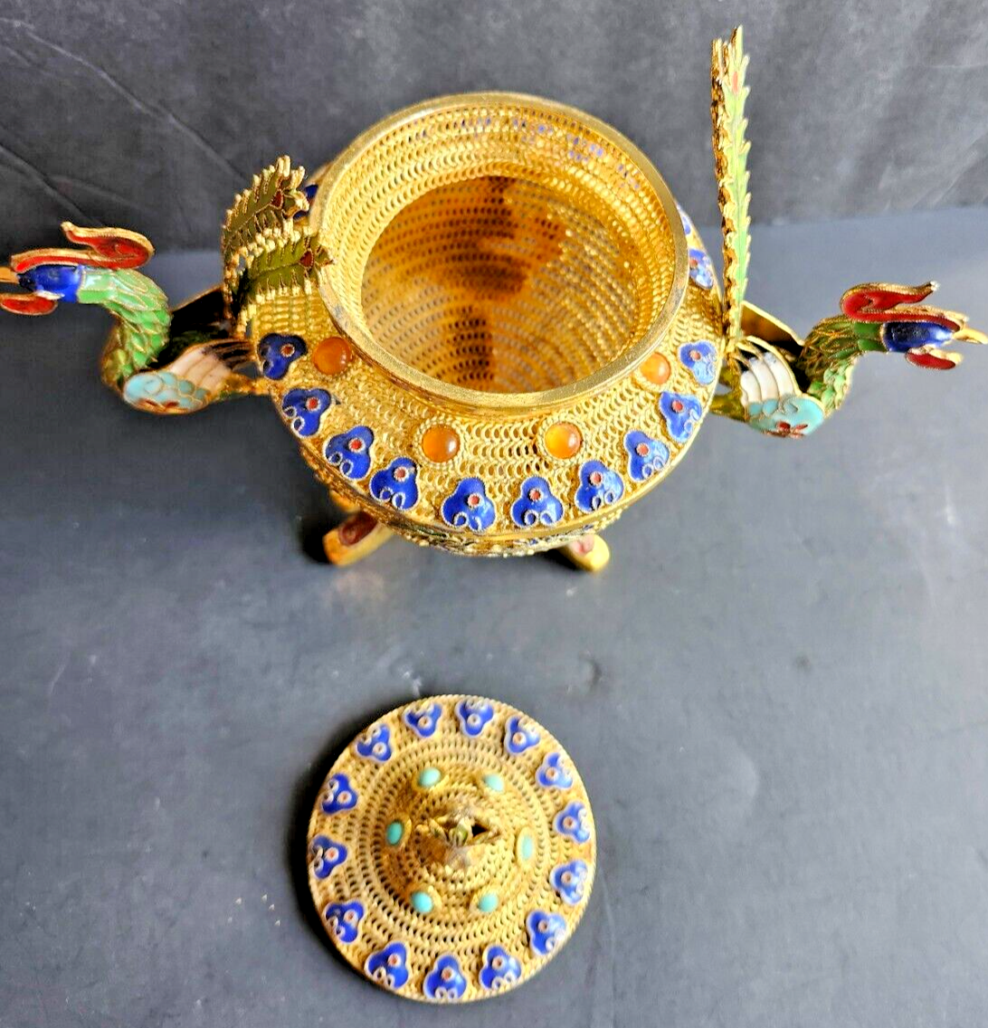 Vintage Gold Filigree & Enamel Chinese Incense Burner image 5
