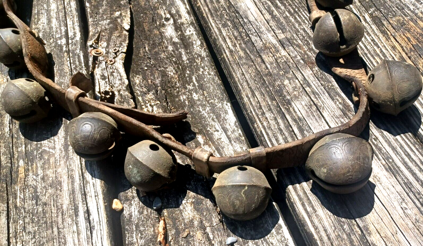 Antique Brass Engraved Sleigh Bells Numbered Original Strap 8Ft Long 24 Bells image 10