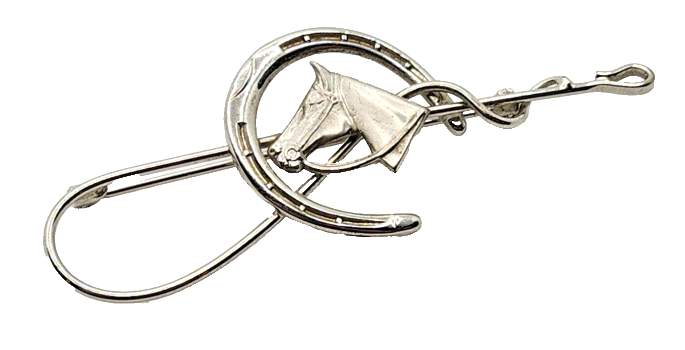 Sterling Silver Equestrian Horse Head & Horseshoe Pin Brooch image 1