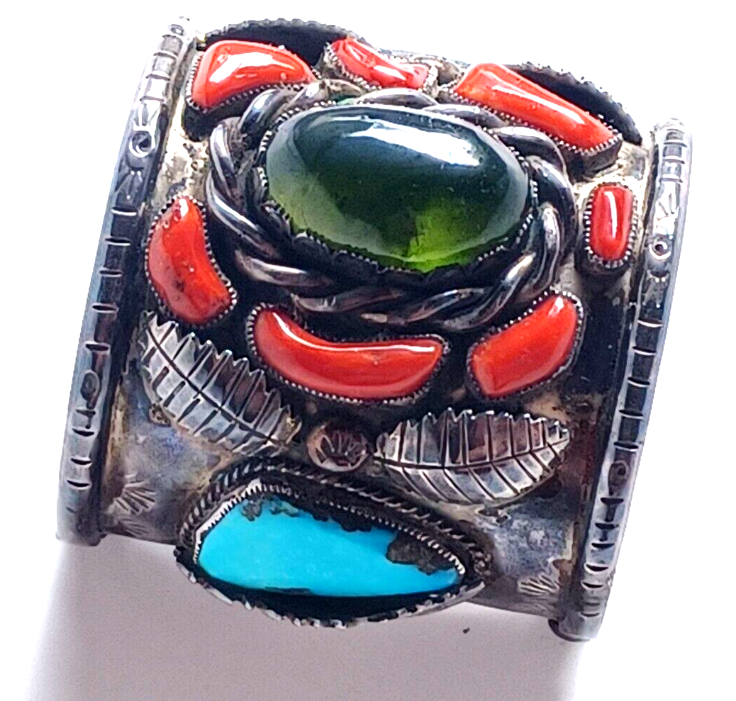 Lg Native American Green Amber Turq & Coral Sterling Cuff Bracelet Wilford Chee image 3