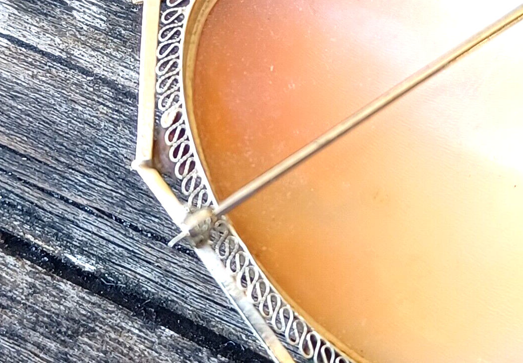 Antique Victorian Carved Shell Cameo w/ Flowers 14K White Gold Pin / Pendant image 5