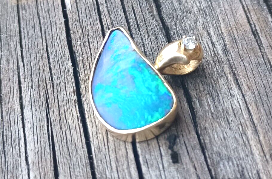 Natural Boulder Opal & Diamond 14K Yellow Gold Pendant image 2