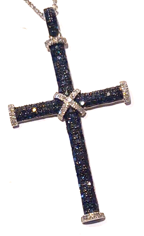 Round White & Black Diamond Cross Pendant w/ Sterling Silver Chain image 5