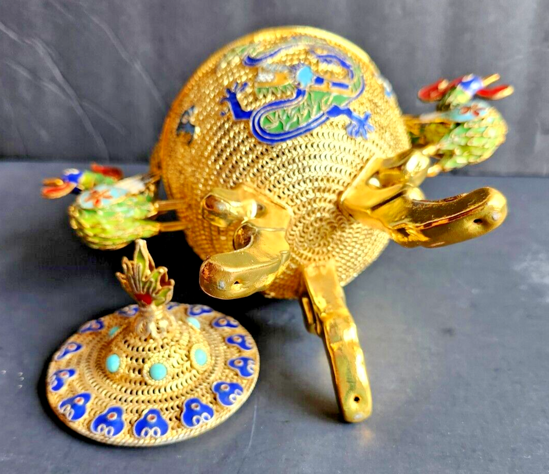 Vintage Gold Filigree & Enamel Chinese Incense Burner image 8