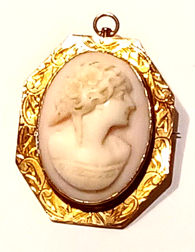 Gorgeous Antique Pin Coral Cameo & 10k Yellow Gold Scroll Pendant Pin image 1