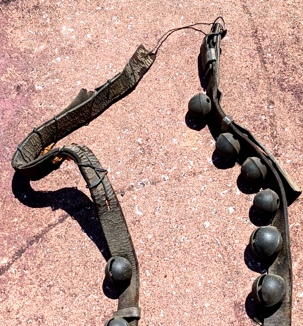 Antique Brass Engraved Sleigh Bells Numbered Original Strap 8Ft Long 24 Bells image 3