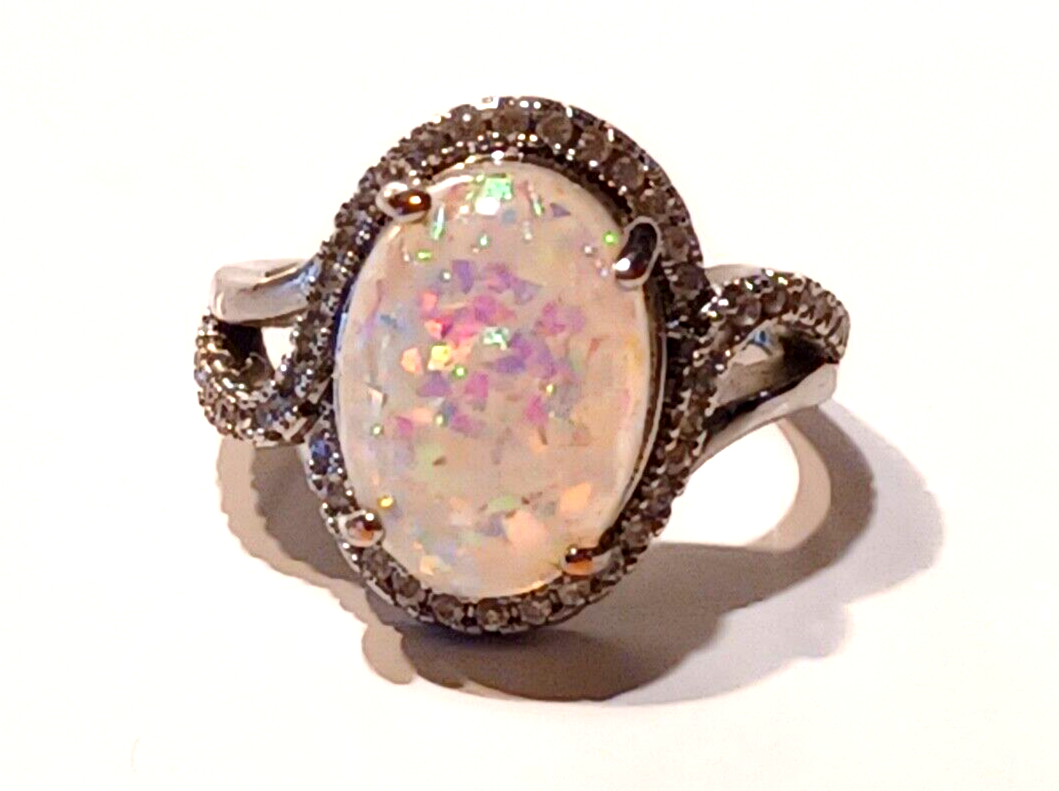 Gorgeous Crushed Opal & CZ Sterling Silver Halo Ring image 4