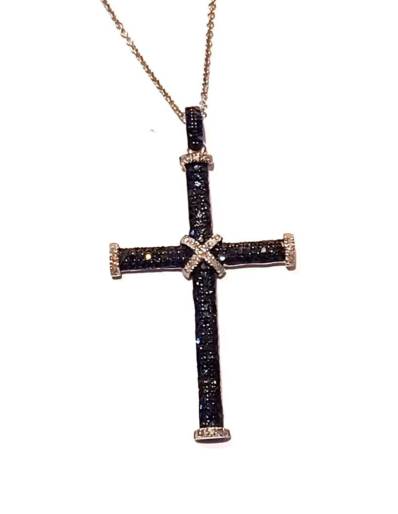 Round White & Black Diamond Cross Pendant w/ Sterling Silver Chain image 1