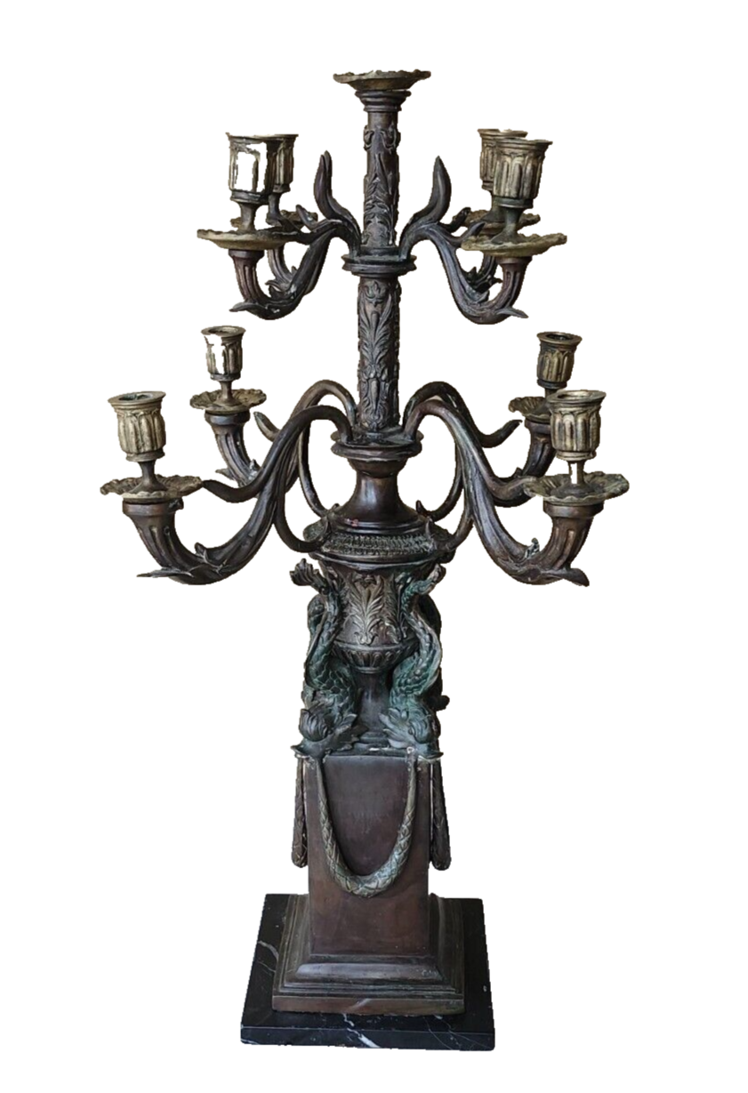 Vintage Tall Bronze & Marble Chinese Dolphin 9 Arm Candelabra Signed V. Chenin image 0