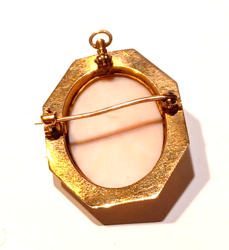 Gorgeous Antique Pin Coral Cameo & 10k Yellow Gold Scroll Pendant Pin image 9