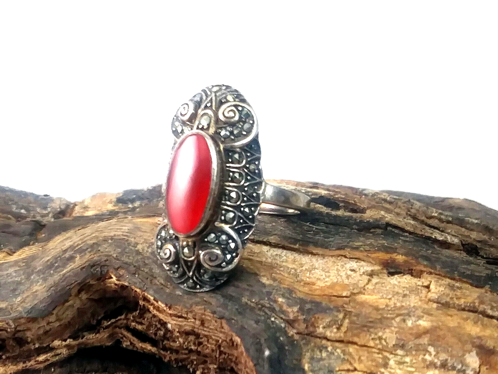 Antique Art Deco Coral Marcasite & Sterling Silver Ring Size 7 image 2