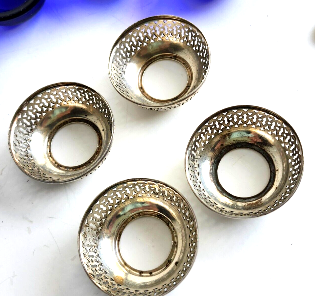 4 Antique Webster Sterling Silver & Cobalt Blue Open Salt Cellars w/ Spoons image 7