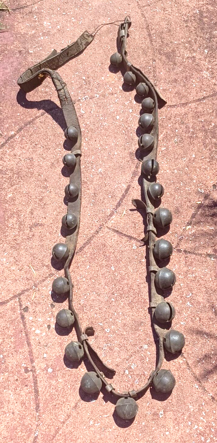 Antique Brass Engraved Sleigh Bells Numbered Original Strap 8Ft Long 24 Bells image 1