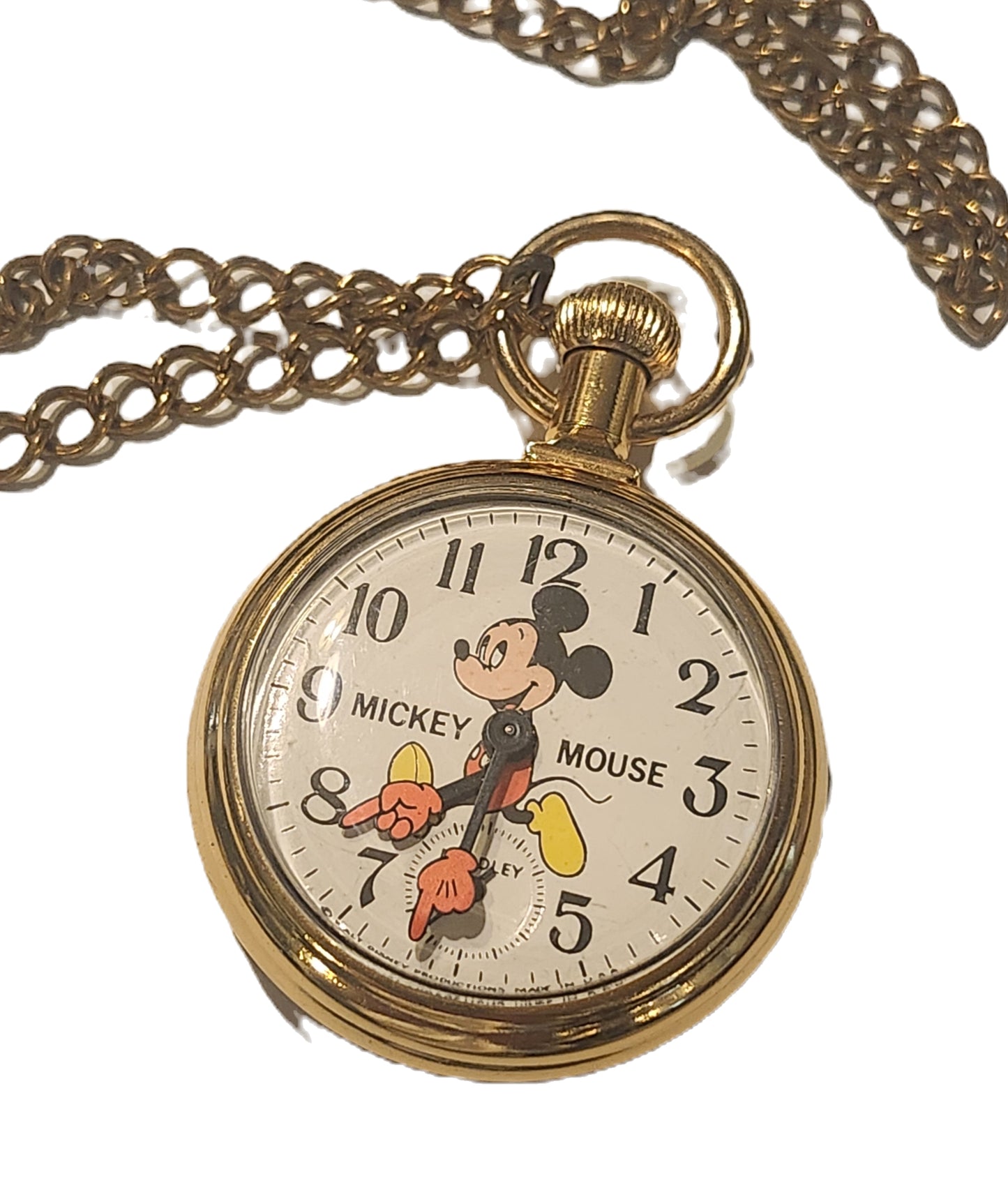 Vintage Disney Mickey Mouse Bradley Gold Tone Pocket Watch w/ Chain image 0