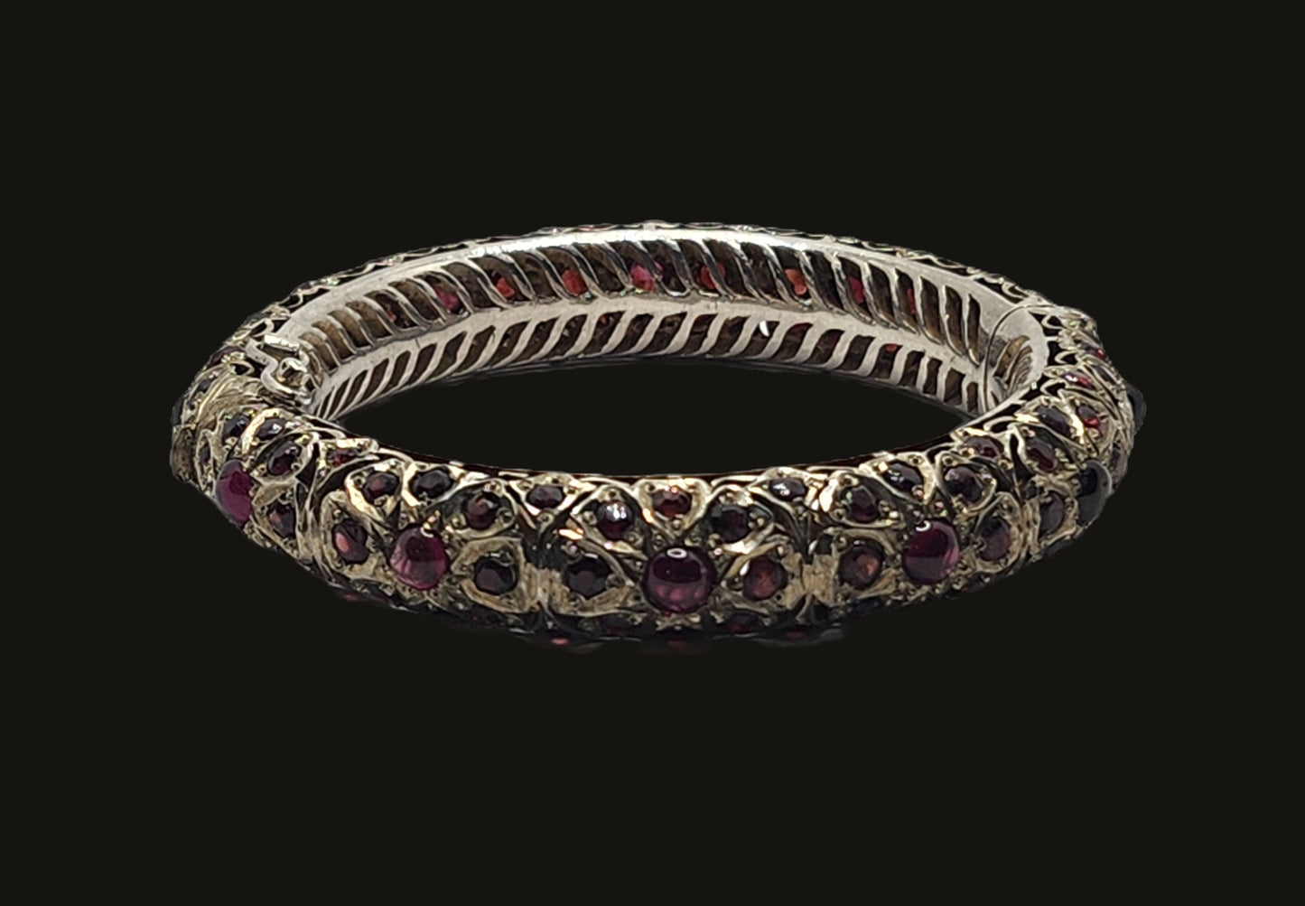 Mughal Indian Sterling Silver & Garnet Hinged Bangle Bracelet image 0