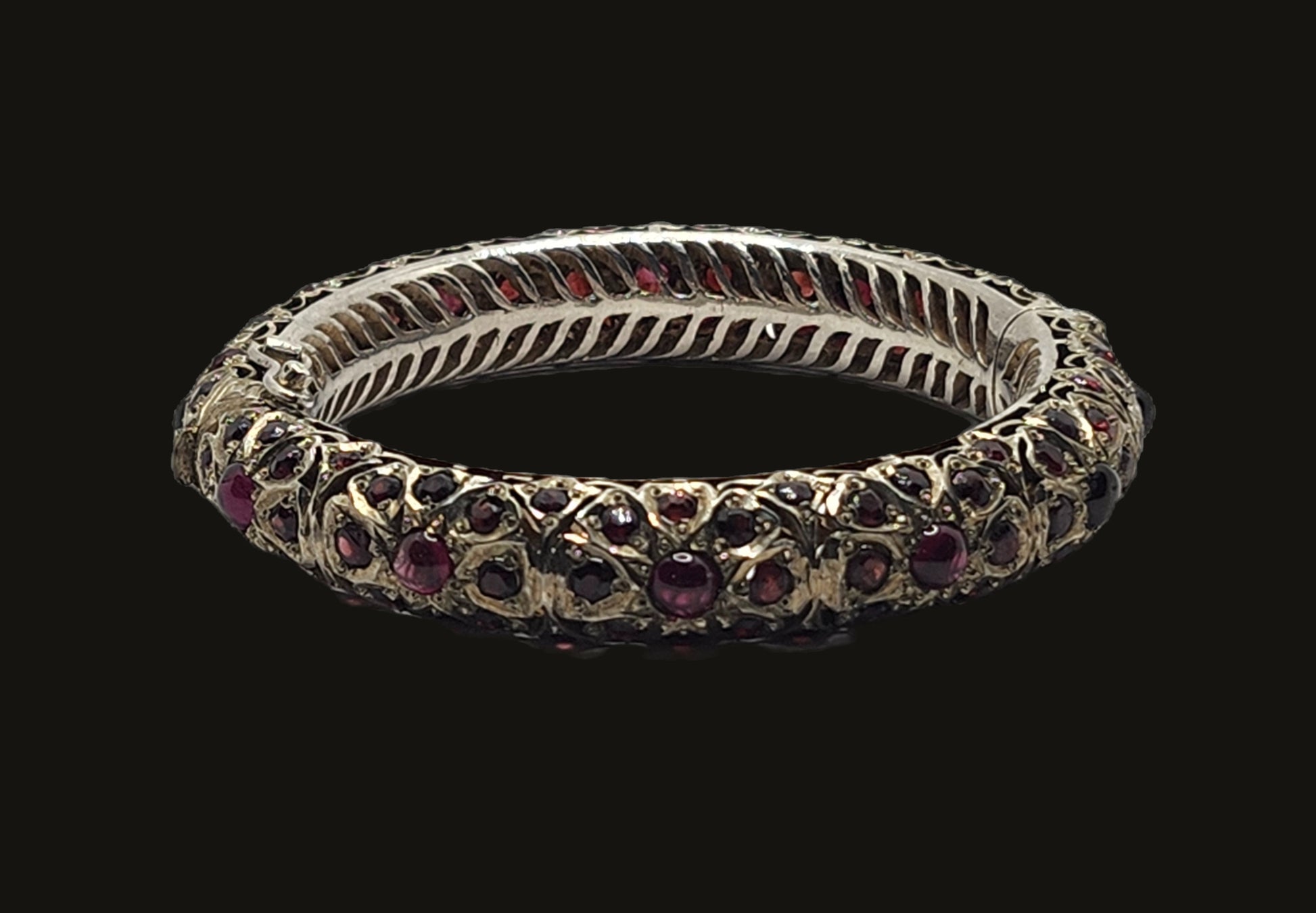 Mughal Indian Sterling Silver & Garnet Hinged Bangle Bracelet image 0