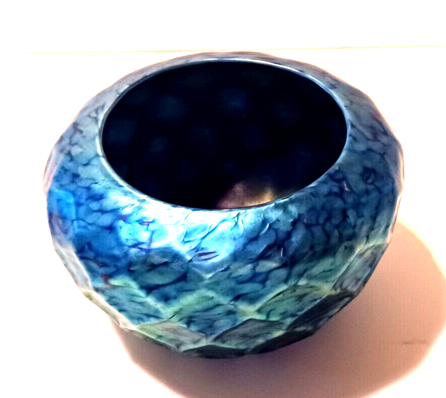 LUNDBERG Studios Art Glass Blue Iridescent Indian Basket Bowl 4 1/2" image 2