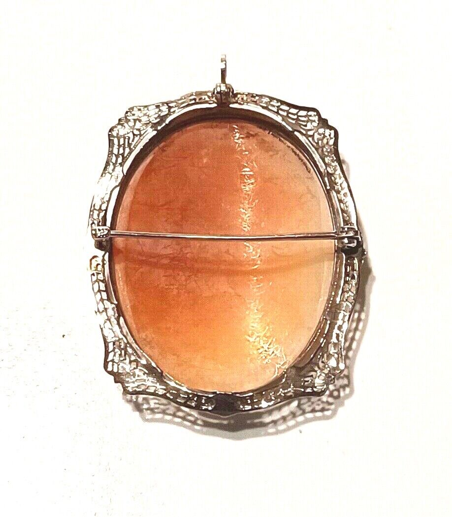 Antique Victorian Estate 14K White Gold Filigree Shell Cameo Pin Pendant Enamel image 7