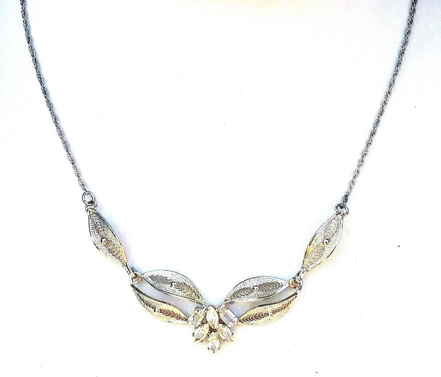 Gorgeous Vintage Sterling Silver & Crystal Filigree Necklace image 1