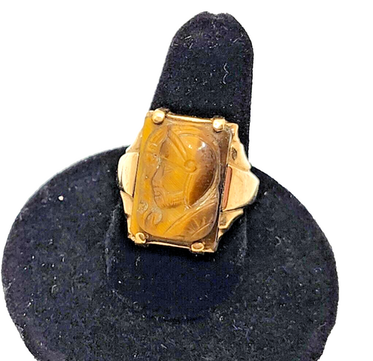 Men's Antique Carved Tigers Eye Intaglio 10K Yellow Gold Ring image 0