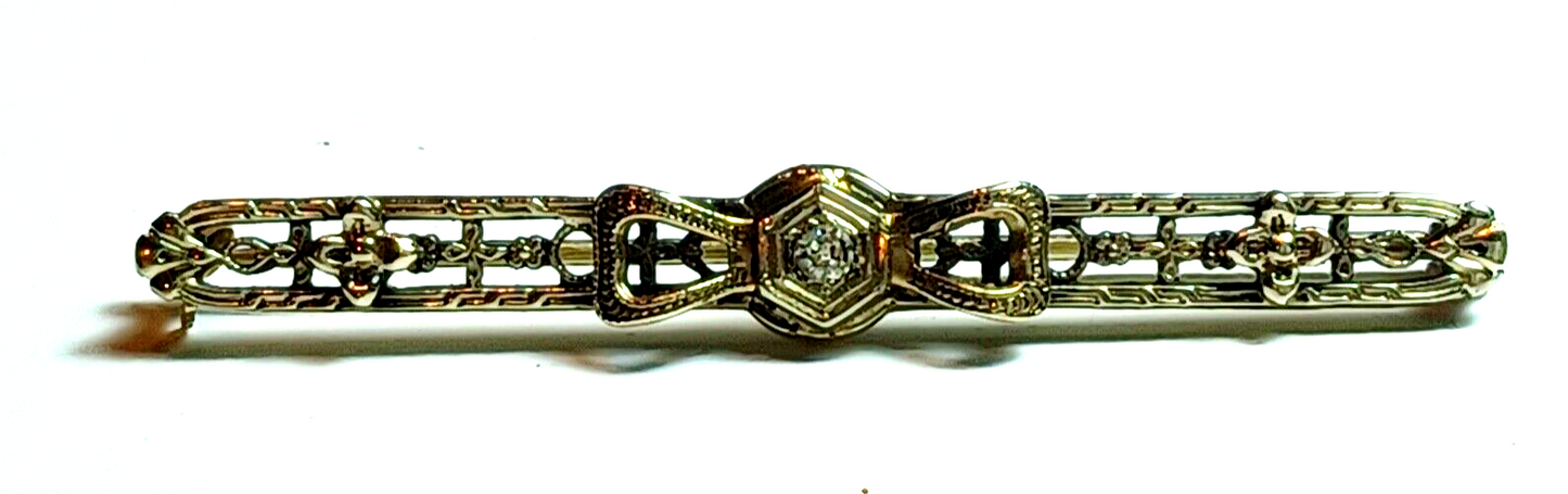 Antique Diamond Bow  & Floral 14K White Gold Bar Pin image 2