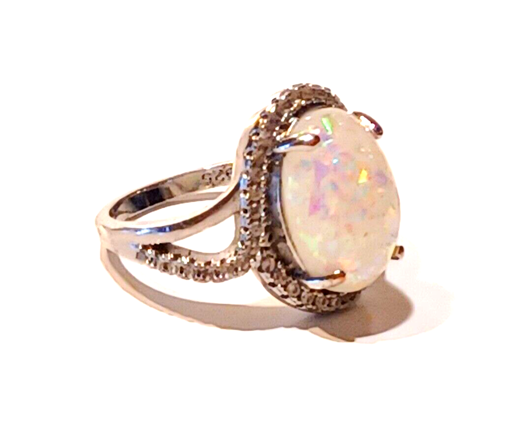 Gorgeous Crushed Opal & CZ Sterling Silver Halo Ring image 2