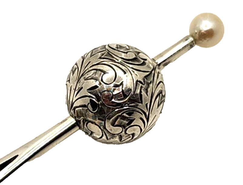 Vintage Sterling Silver & Pearl Japanese Hairpin Etched Scroll Ball image 3