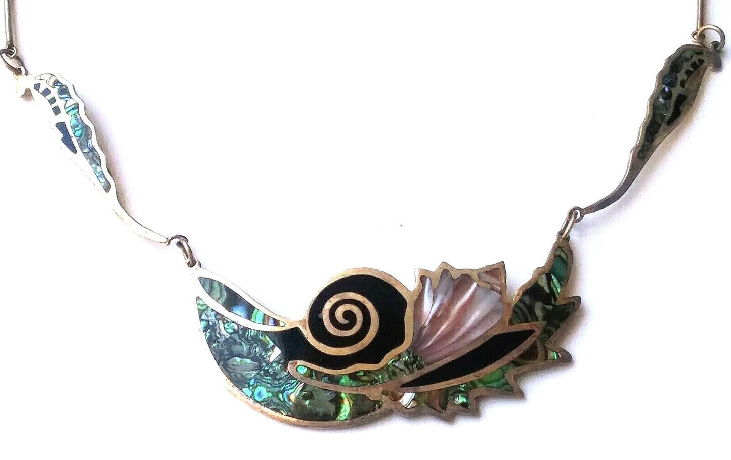Vintage Artisian Mexico Sterling Silver Abalone Onyx & MOP Necklace by Nia image 1