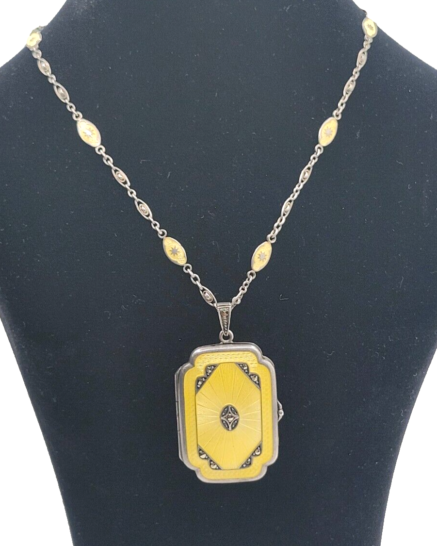 Antique Sterling Silver Guilloche Enamel Long Link Chain w/ Matching Locket image 2