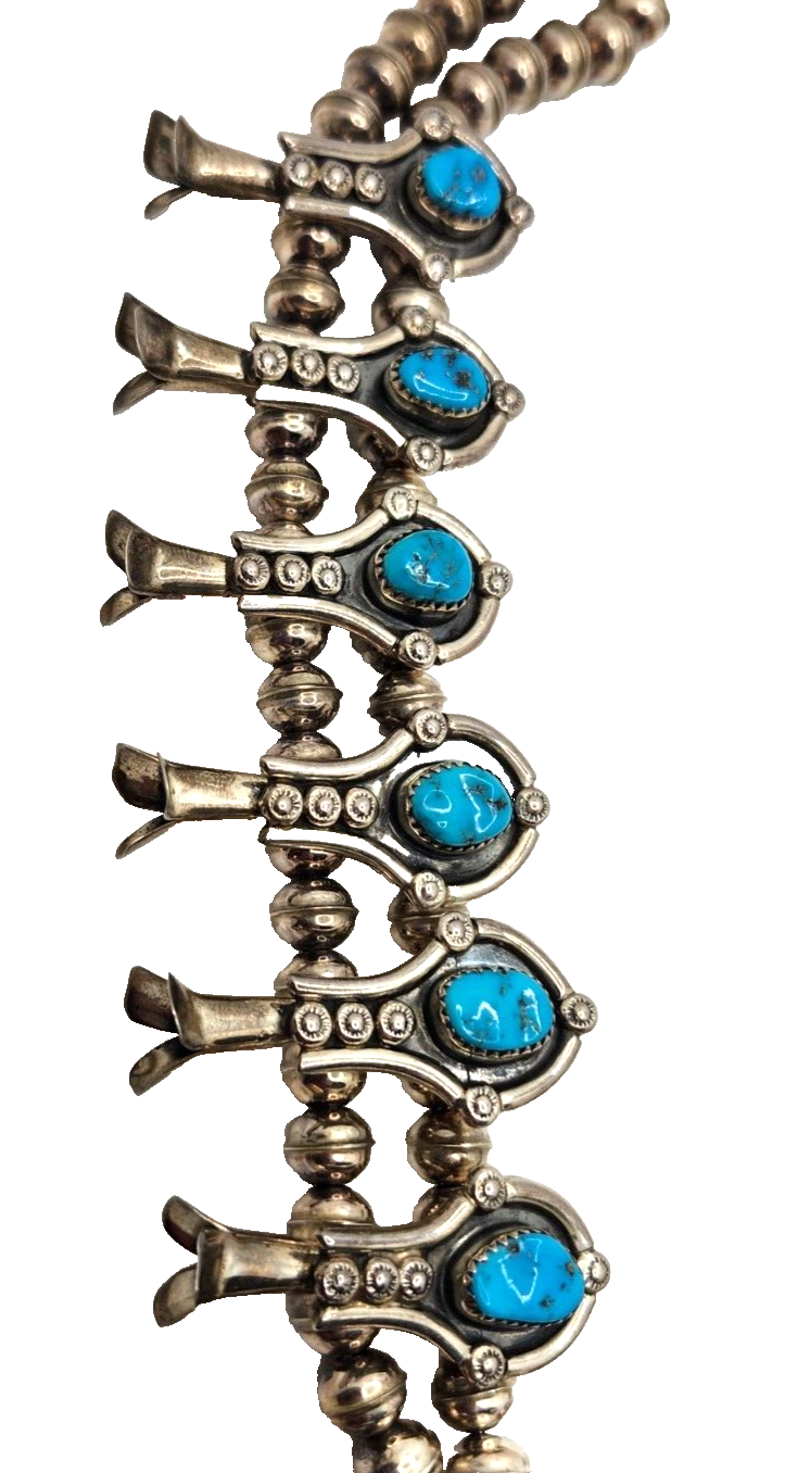 Native American CM Yazzie Turquoise & Sterling Silver Squash Blossom Necklace image 5