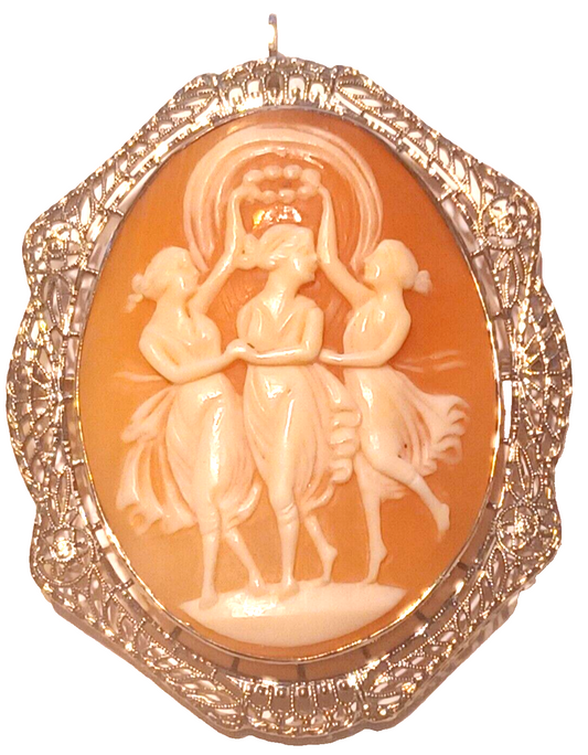 Antique Victorian Three Dancing Muses Cameo w/ 14K Gold Frame ~ Pin / Pendant image 0