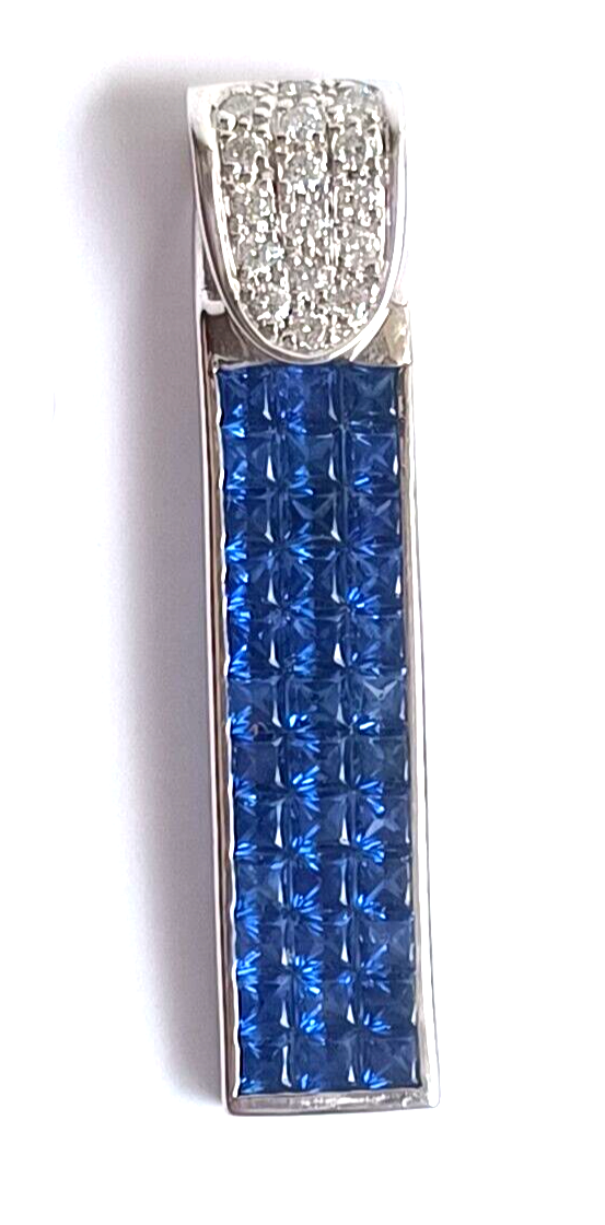 Estate 2.25 Ct Diamond & Ceylon Blue Sapphire 14K White Gold Bar Pendant image 7
