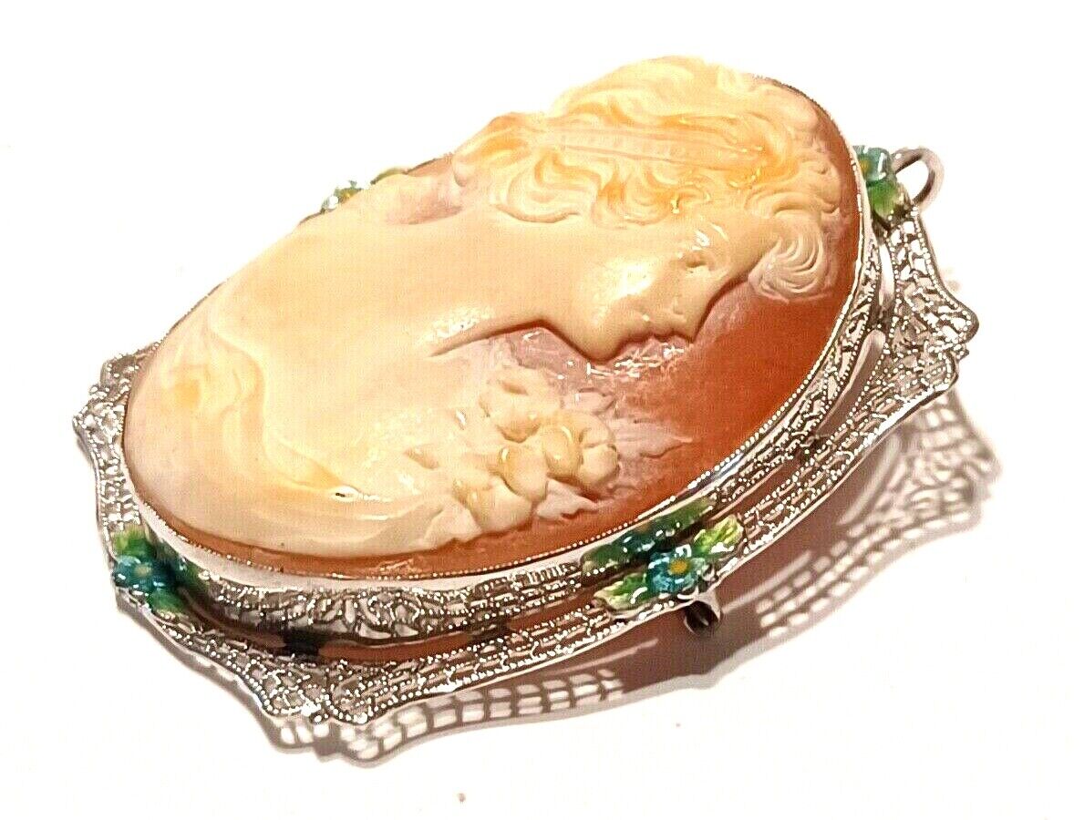Antique Victorian Estate 14K White Gold Filigree Shell Cameo Pin Pendant Enamel image 5