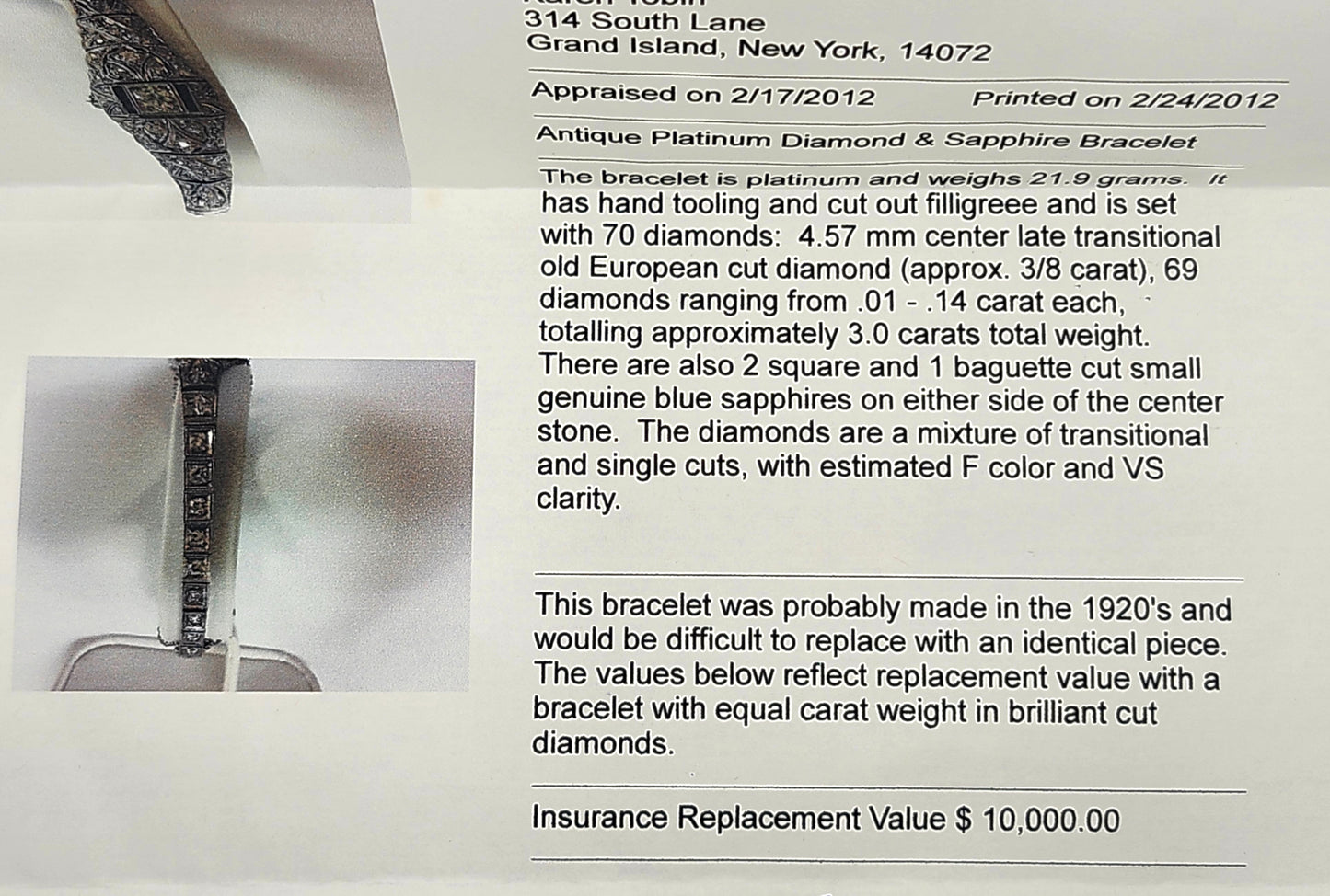 Antique Art Deco Filigree Platinum 3ct Diamond & Sapphire Bracelet image 10