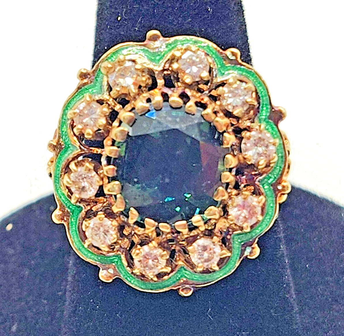 Green Zircon, Diamond Halo & Enamel Scroll Fleur-de-Lis 14k Gold Cocktail Ring image 11