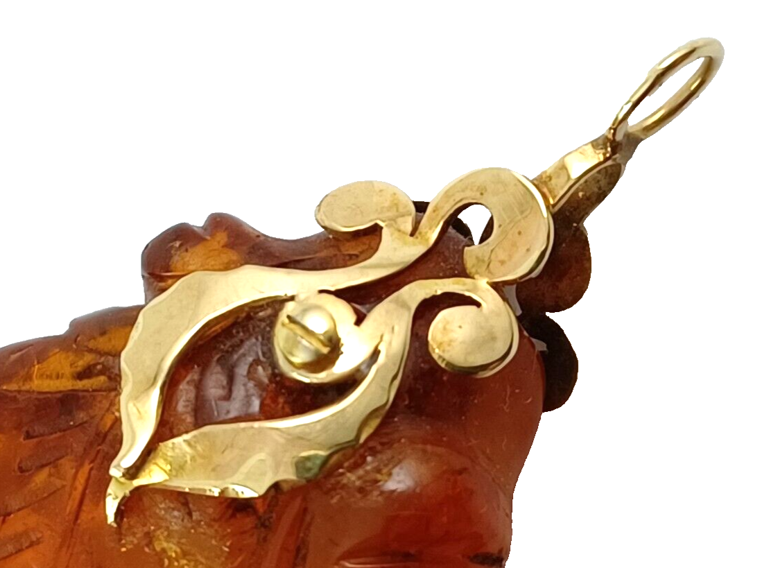 RARE One of a Kind! Large Antique Carved Butterscotch Amber & 14K Gold Pendant image 11