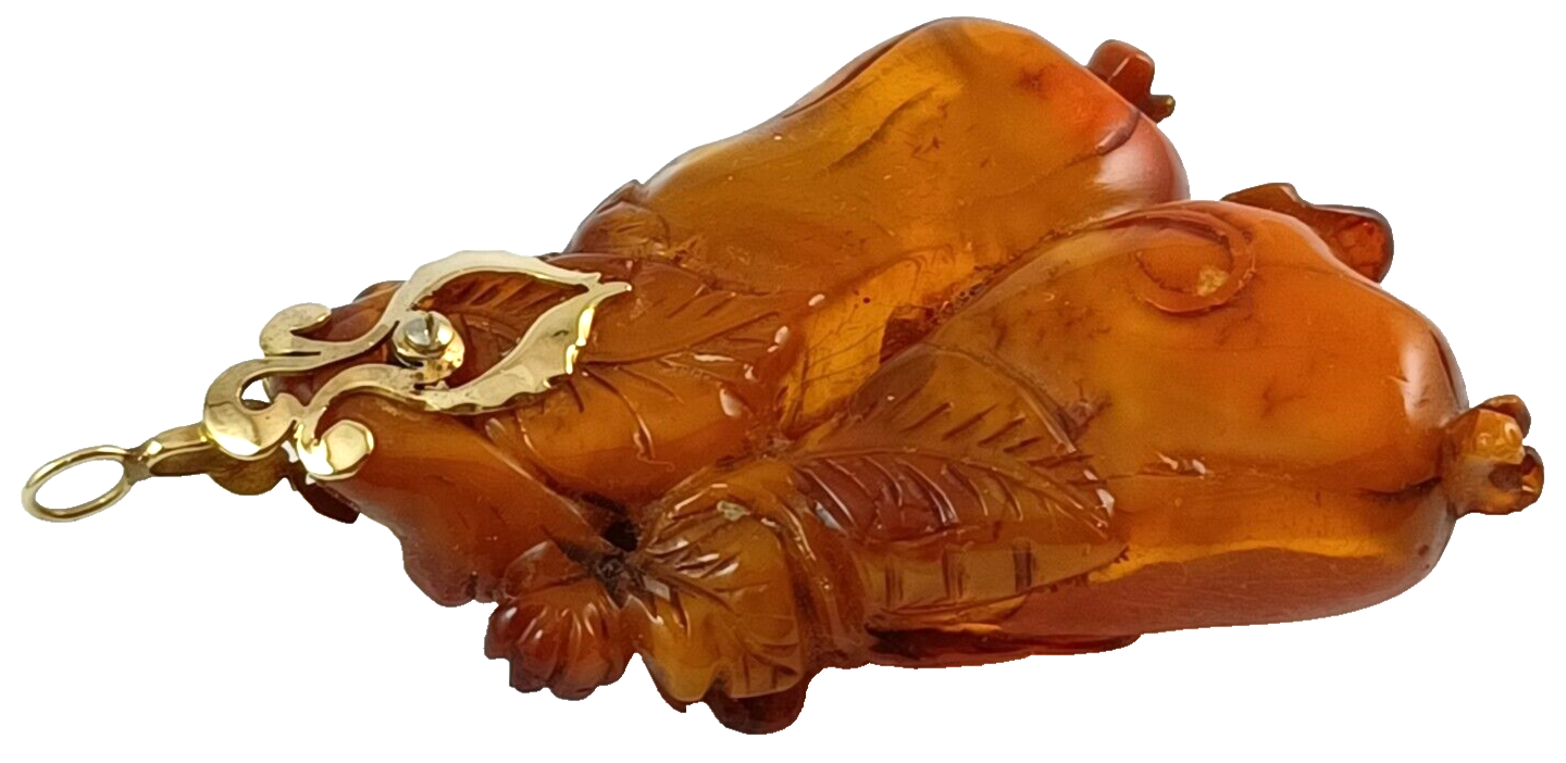 RARE One of a Kind! Large Antique Carved Butterscotch Amber & 14K Gold Pendant image 8