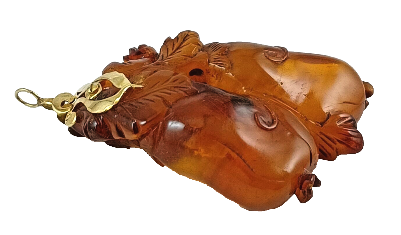RARE One of a Kind! Large Antique Carved Butterscotch Amber & 14K Gold Pendant image 5