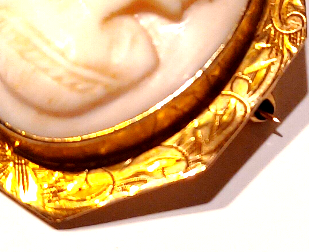 Gorgeous Antique Pin Coral Cameo & 10k Yellow Gold Scroll Pendant Pin image 8