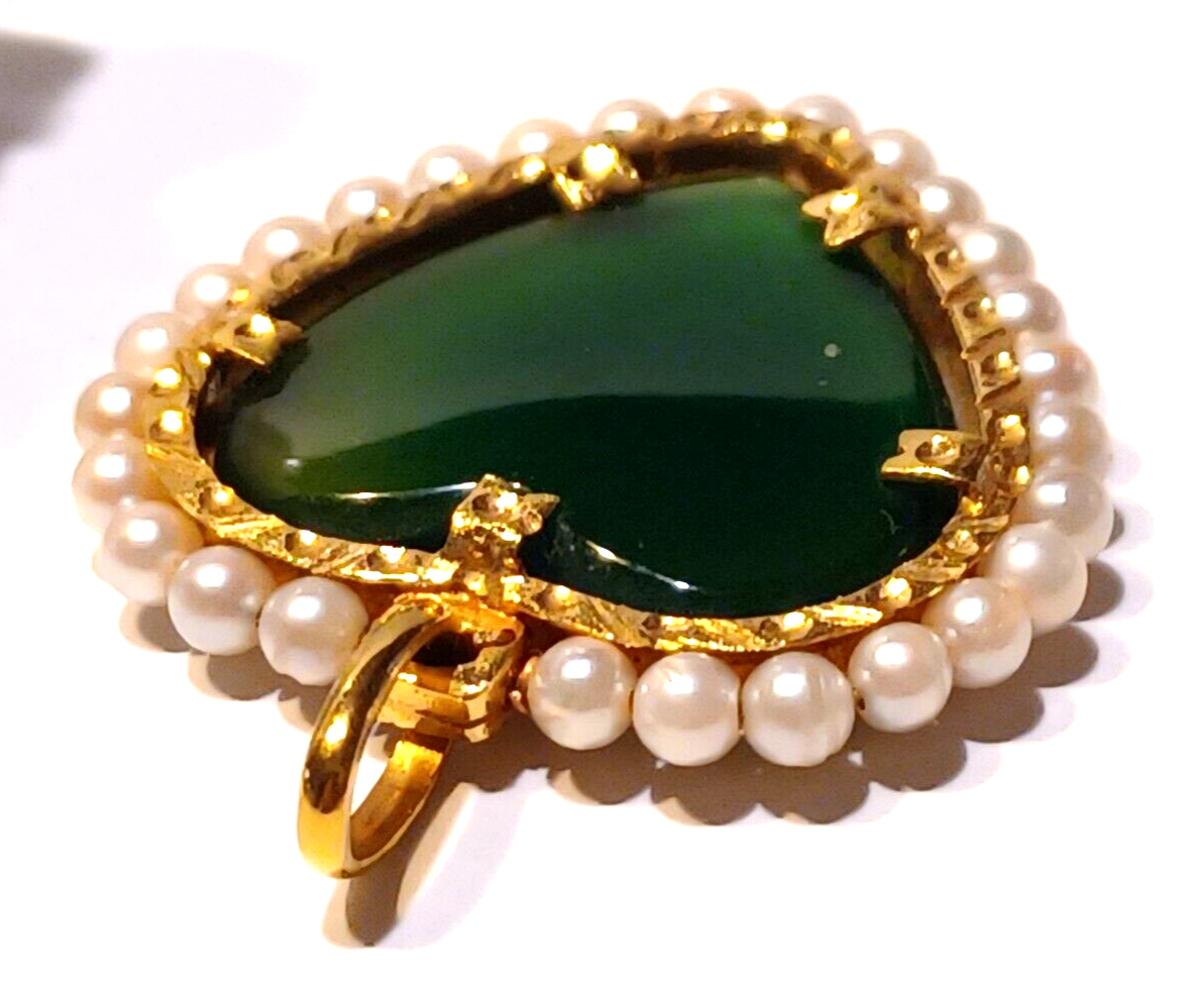 Imperial Jade Jadite Heart 18K Yellow Gold & Pearl Pendant image 7