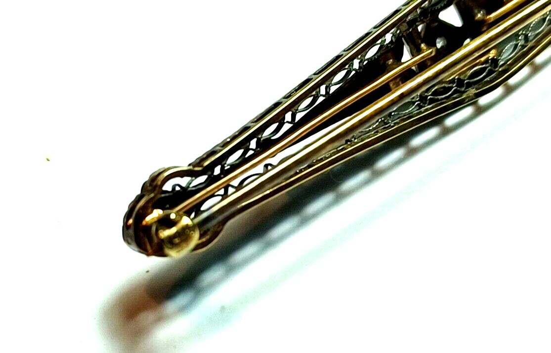Antique Victorian .10ct Diamond Filigree Two Tone 14K Gold Bar Pin image 8