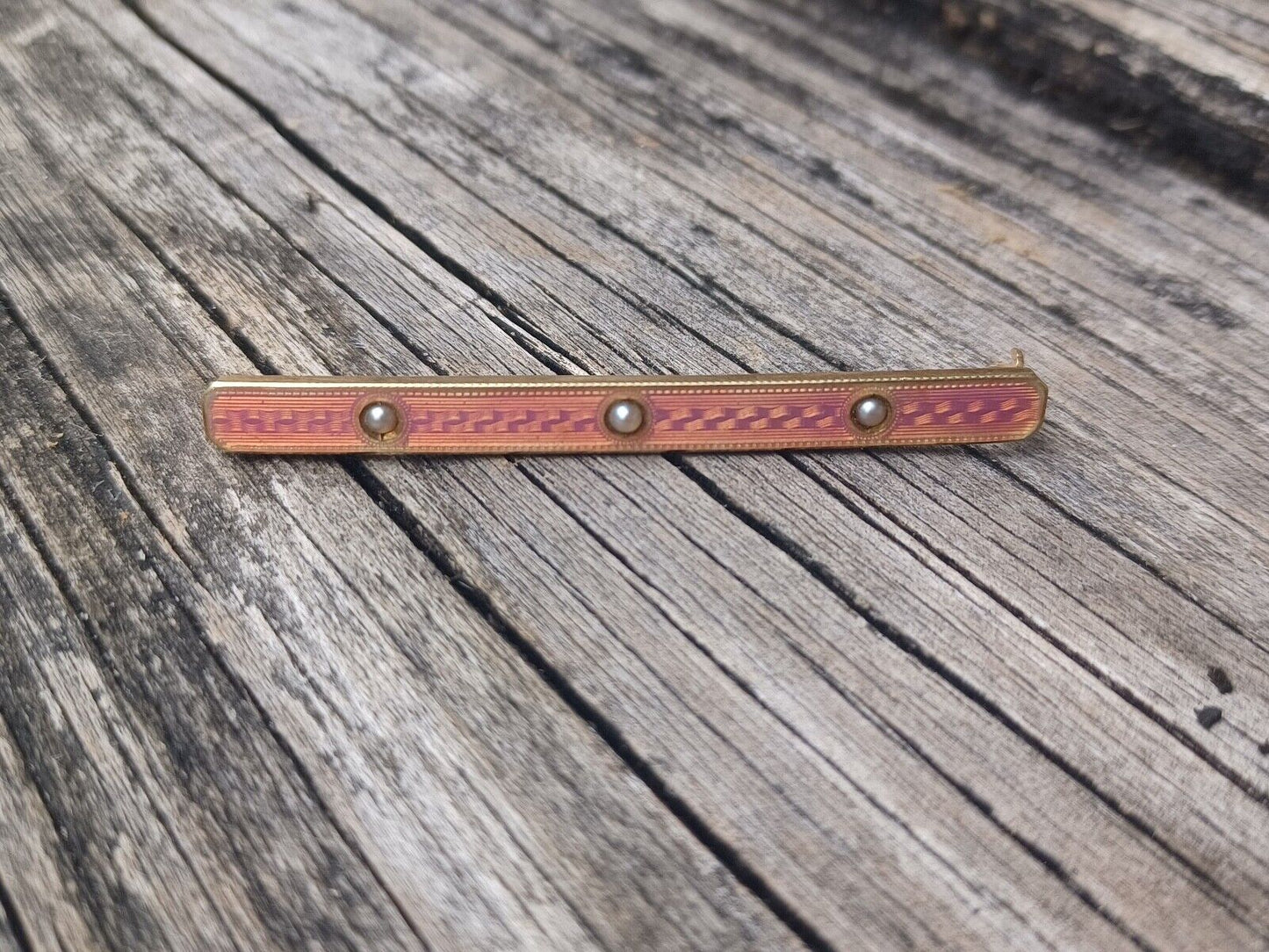 Antique Pink Enamel Guilloche Victorian Seed Pearl 14K Yellow Gold Bar Pin image 2