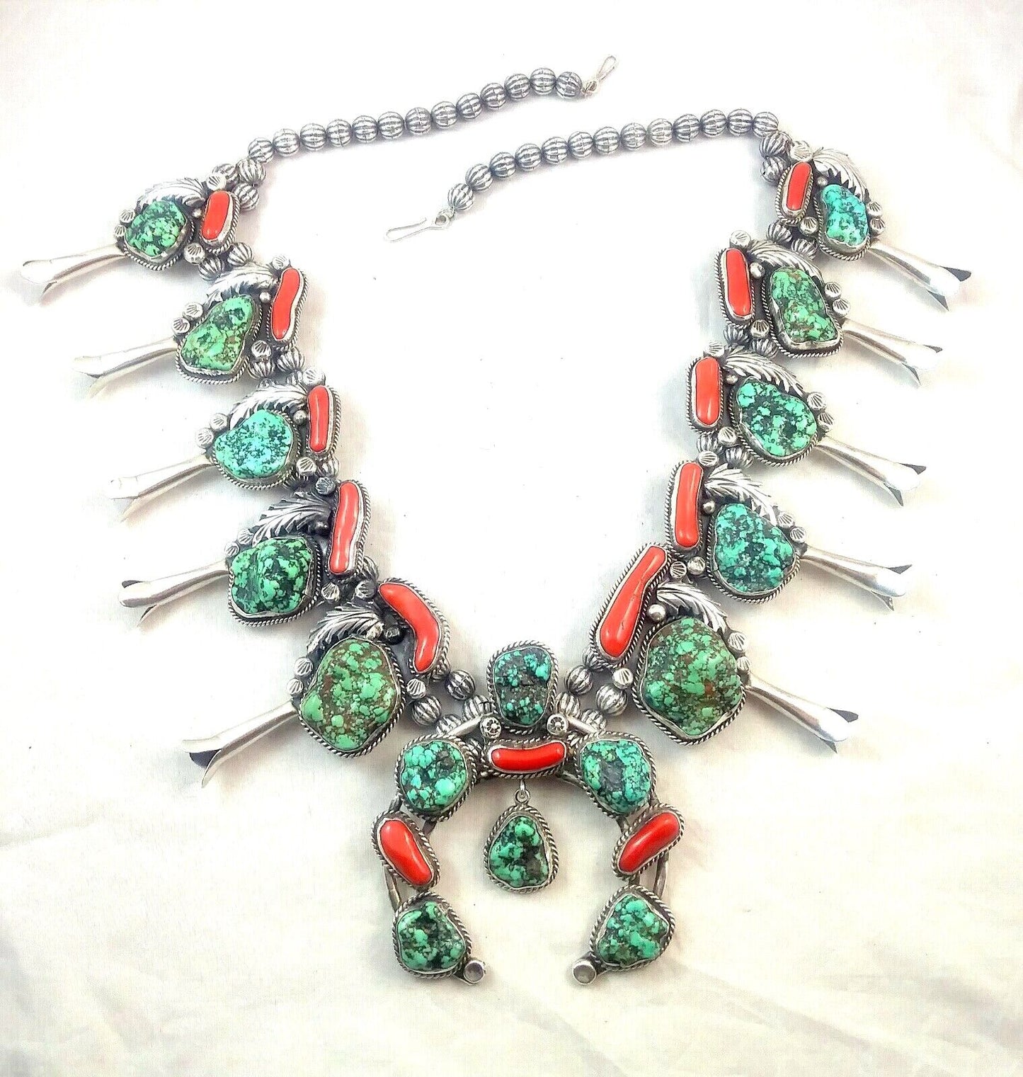 Native American Signed Squash Blossom Turquoise Coral & Sterling Silver Necklace image 1